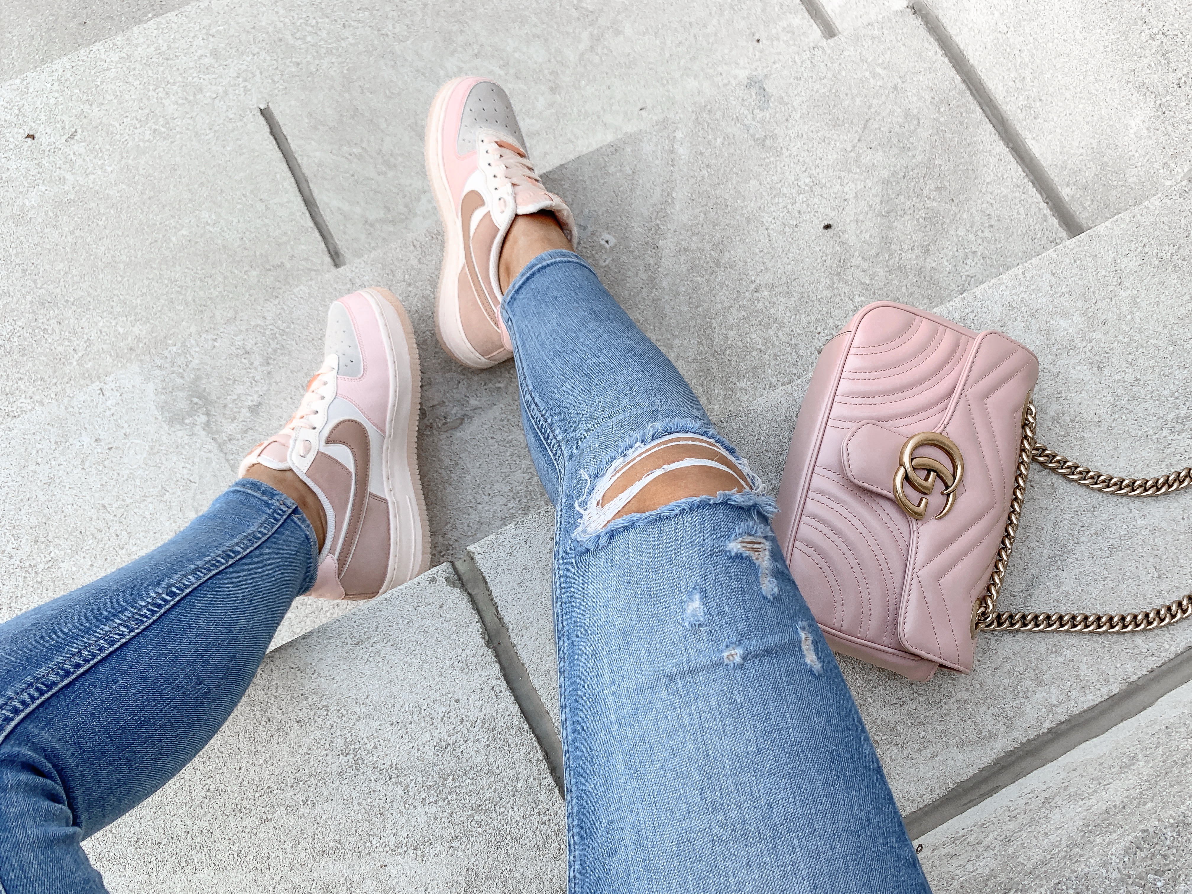 casual sporty outfit blush pink air force 1 womens sneakers pink gucci mini marmont corssbody bag laura beverlin8