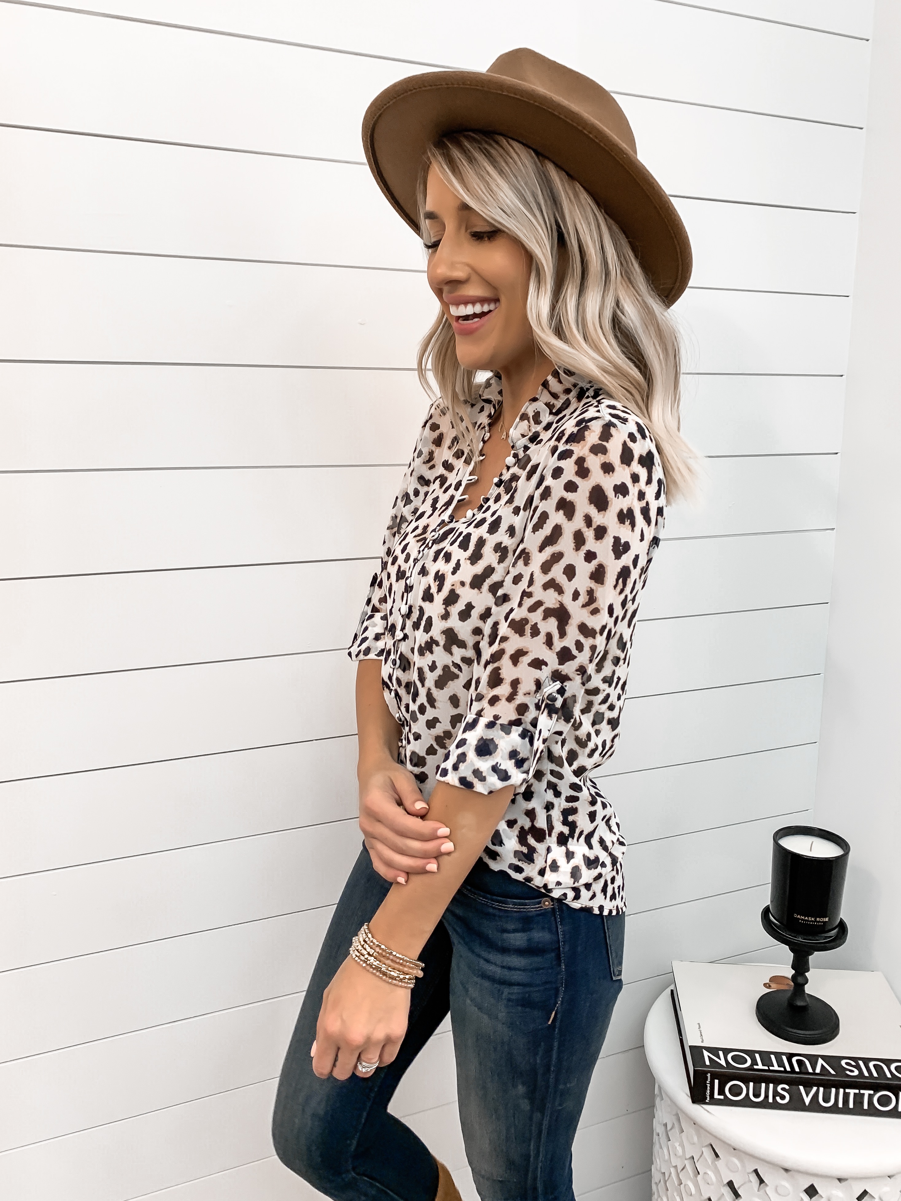 leopard work blouse express dark wash skinny jeans fringe booties laura beverlin