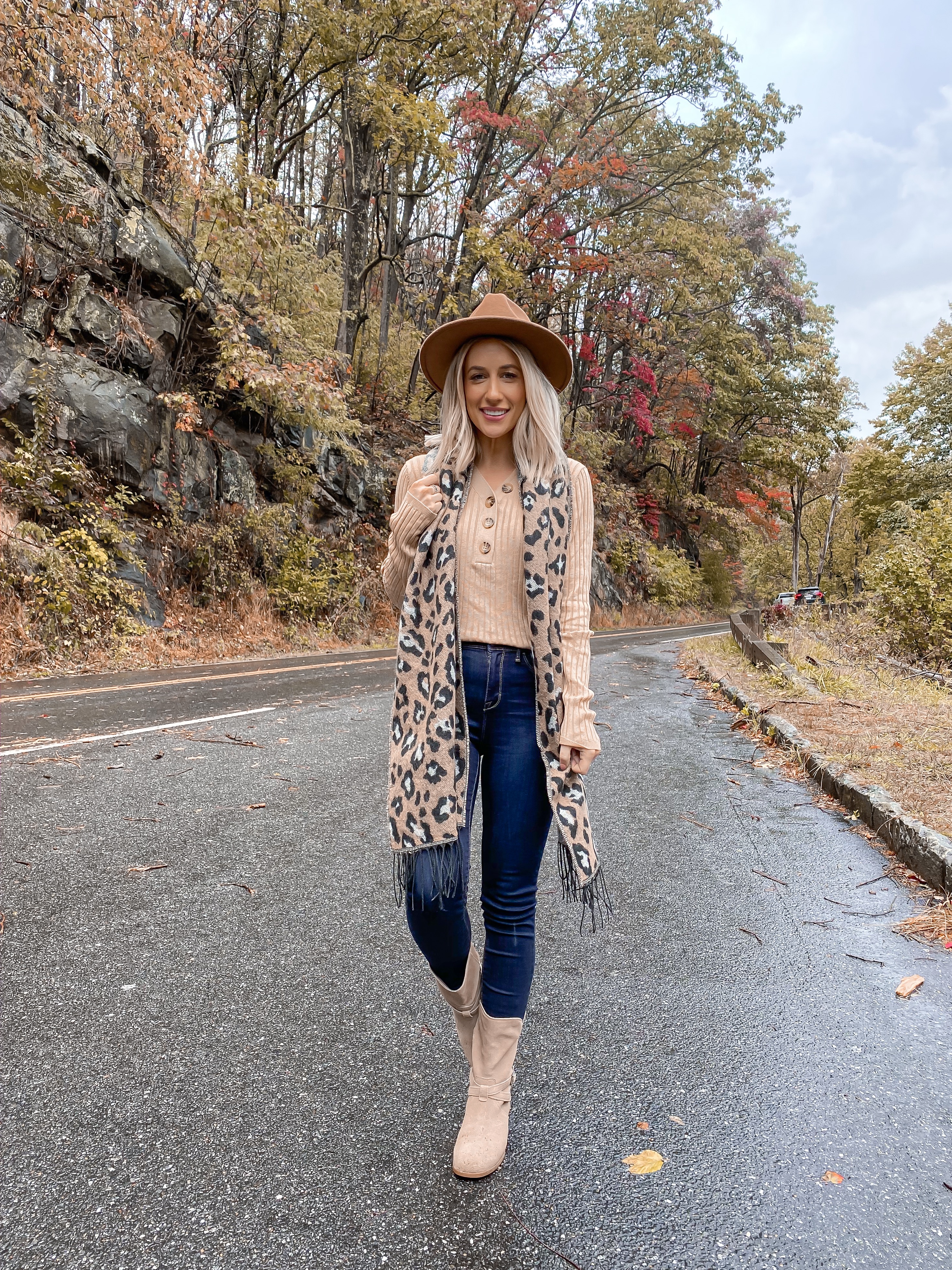 AFFORDABLE FALL OUTFIT UNDER $20 SMOKEY MOUNTAINS LAURA BEVERLIN LEOPARD SCARF 1