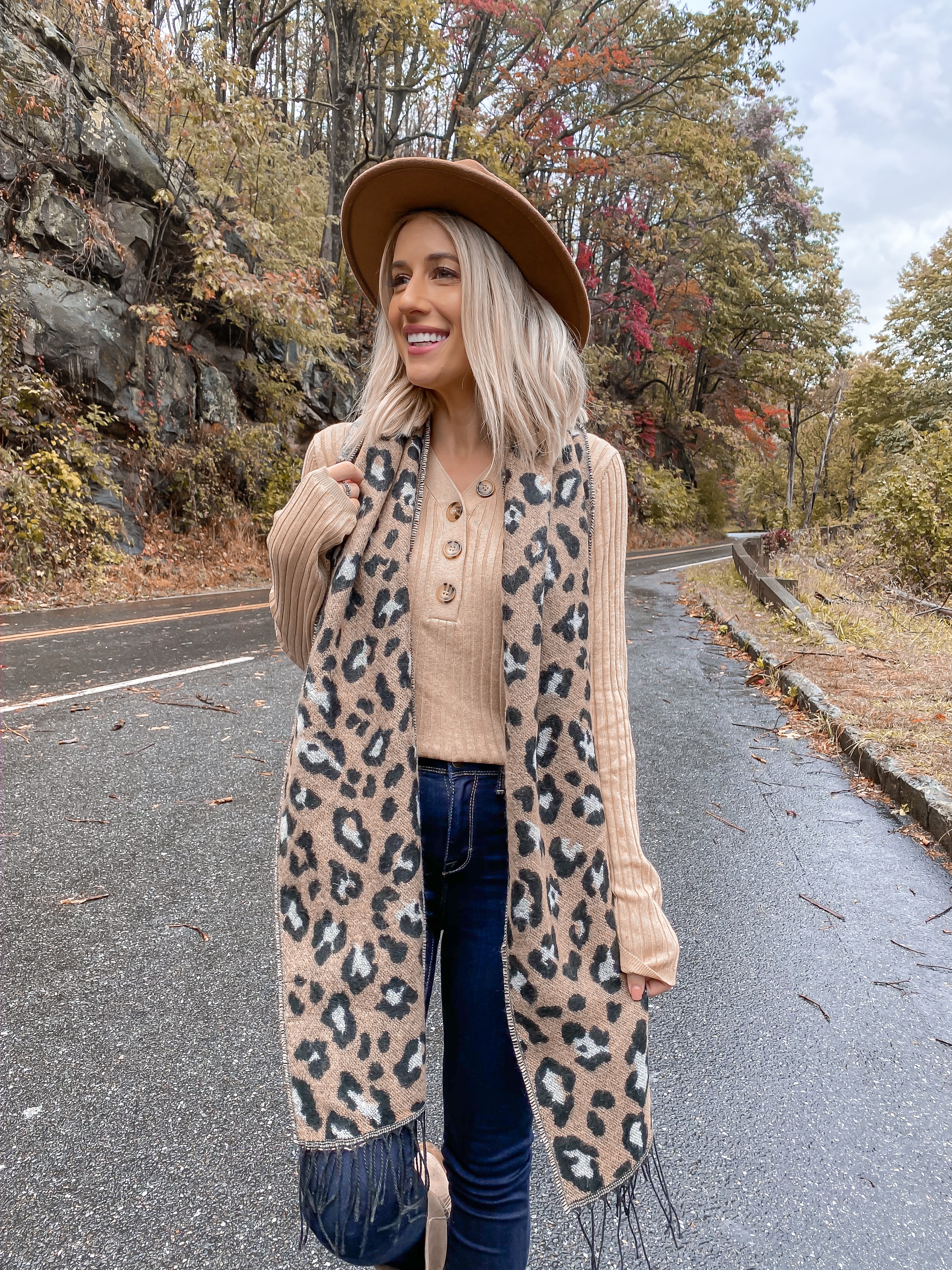 AFFORDABLE FALL OUTFIT UNDER $20 SMOKEY MOUNTAINS LAURA BEVERLIN LEOPARD SCARF 1