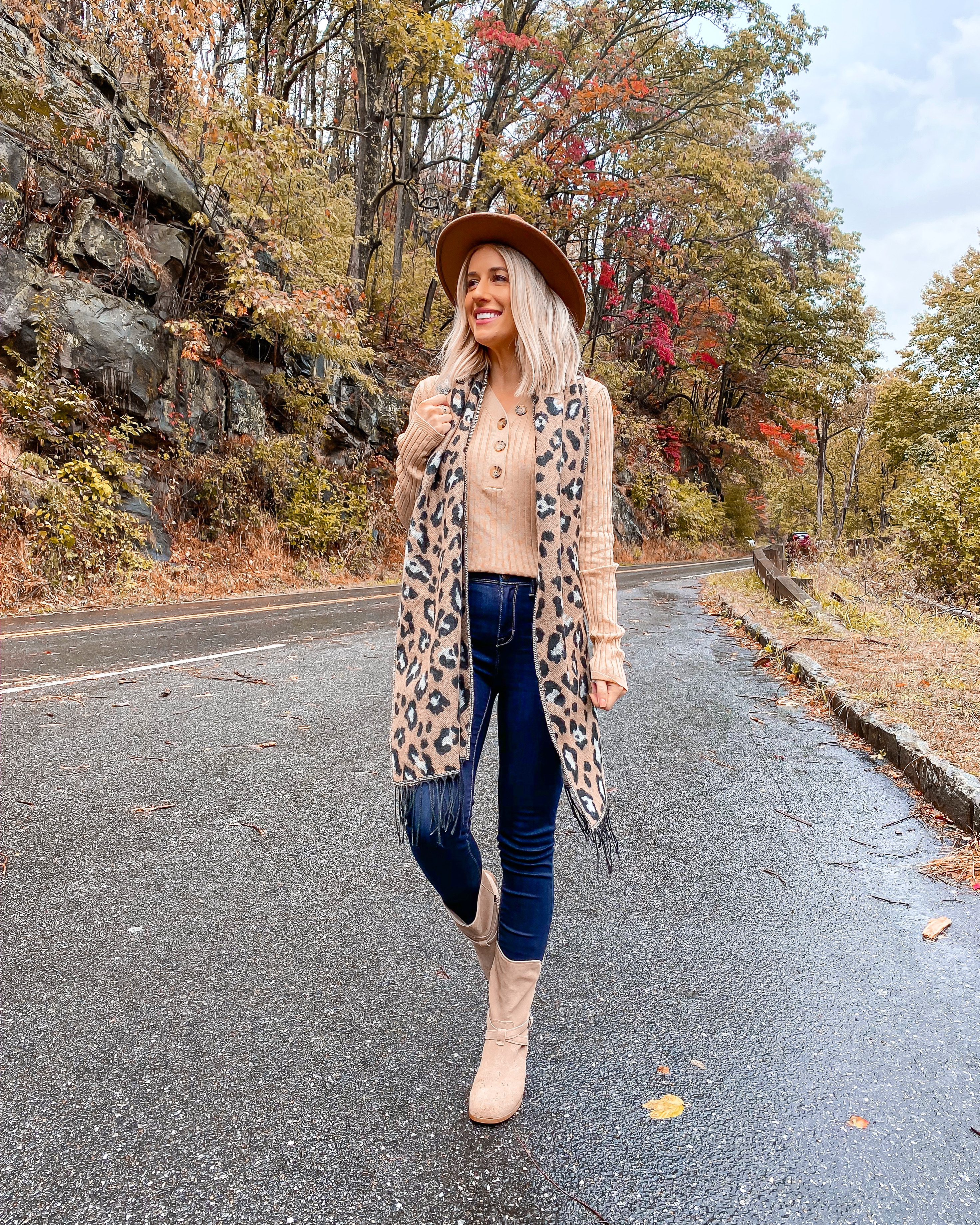 AFFORDABLE FALL OUTFIT UNDER $20 SMOKEY MOUNTAINS LAURA BEVERLIN LEOPARD SCARF 1