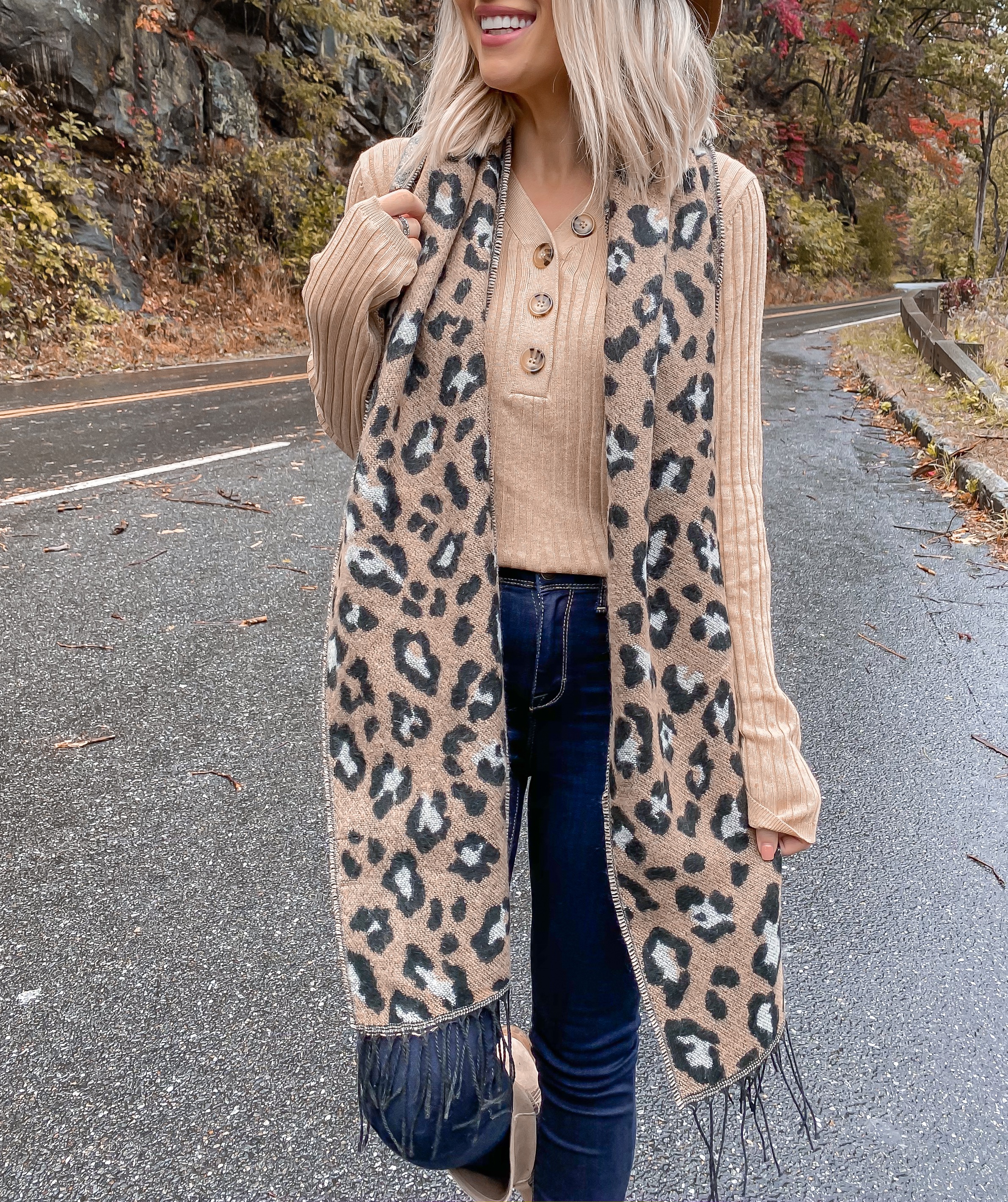 AFFORDABLE FALL OUTFIT UNDER $20 SMOKEY MOUNTAINS LAURA BEVERLIN LEOPARD SCARF 1