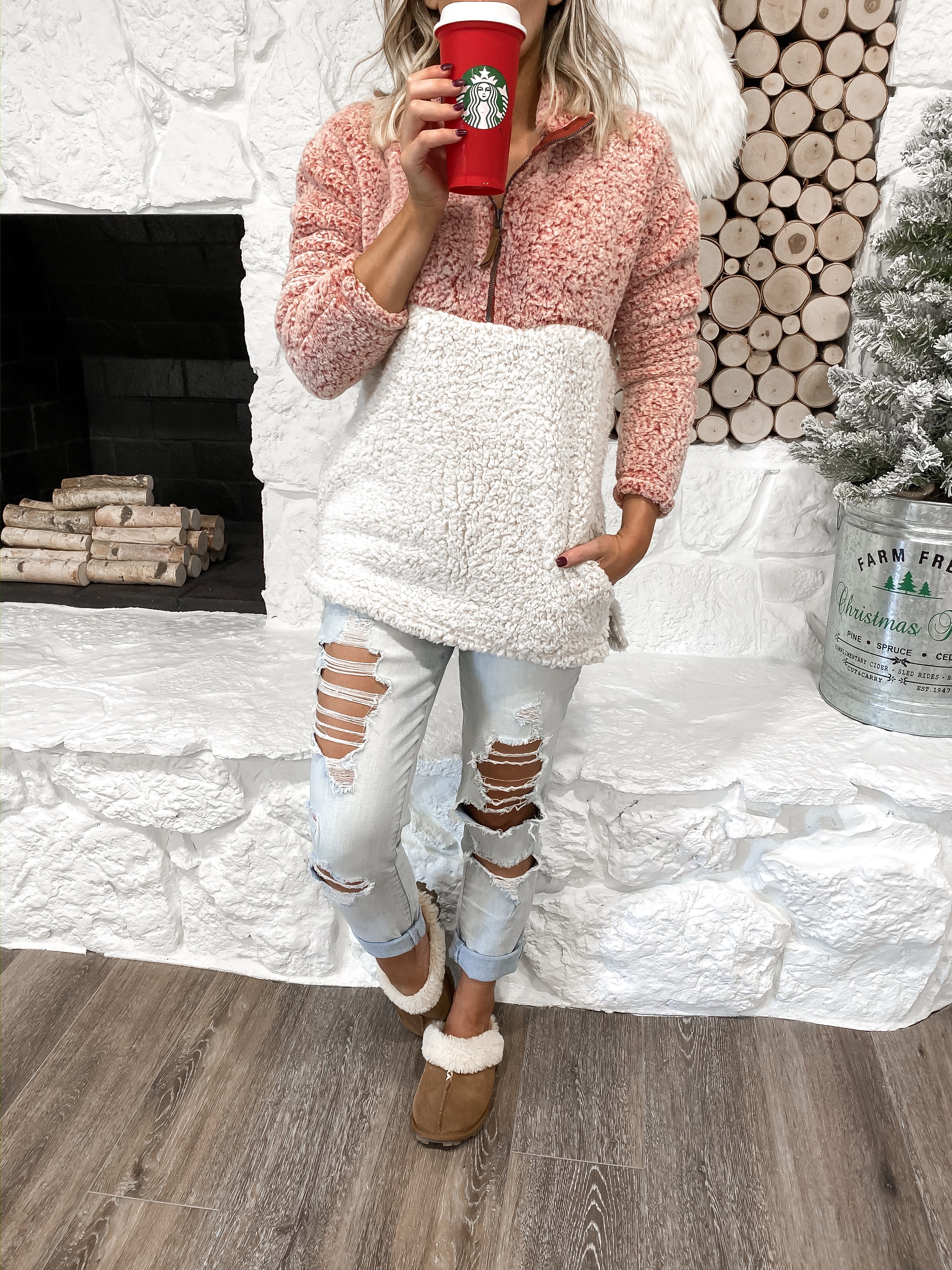 laura beverlin comfy casual outfit under $30 Farmhouse christmas home decor wood stacked fireplace5