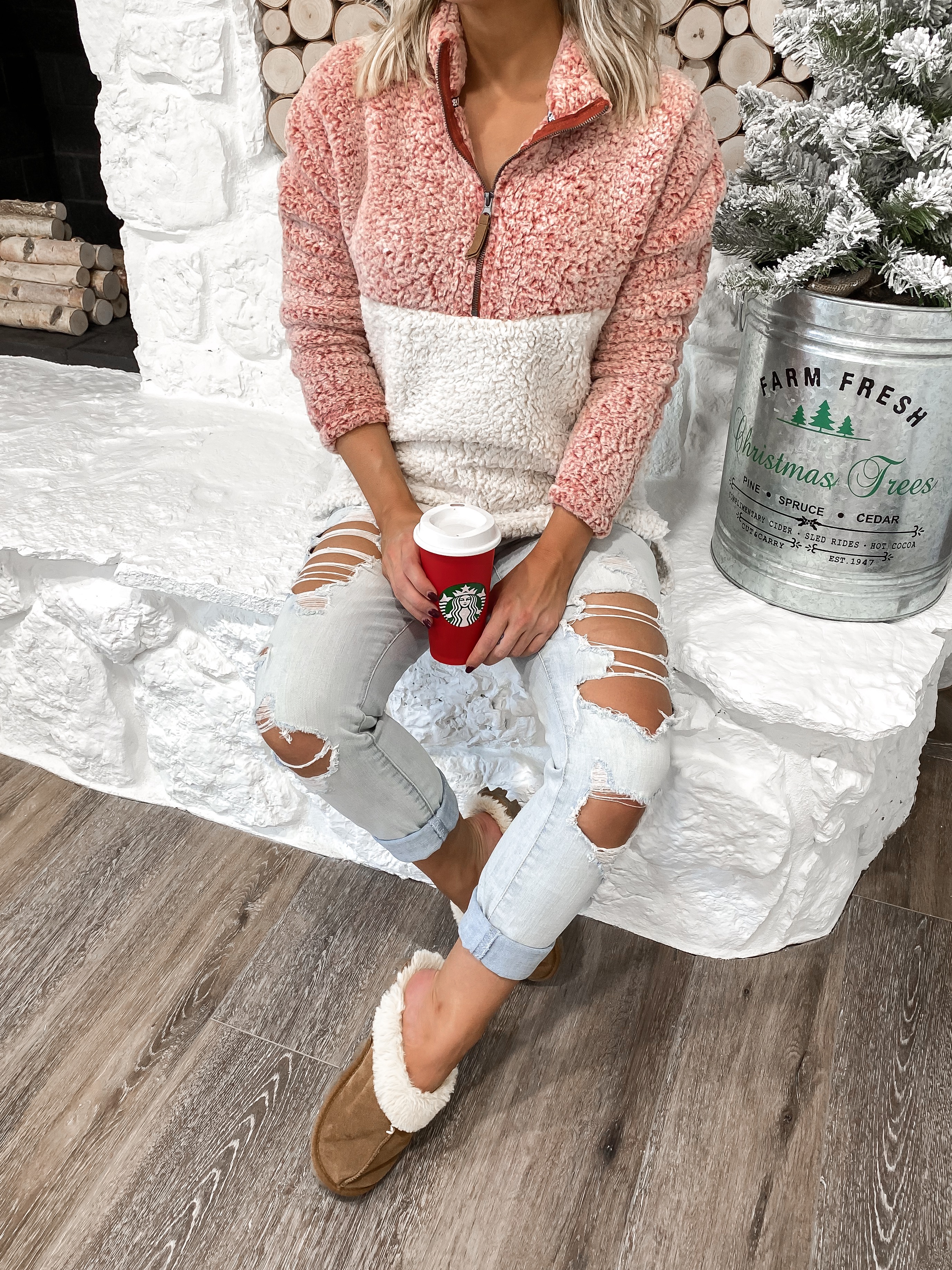 laura beverlin comfy casual outfit under $30 Farmhouse christmas home decor wood stacked fireplace5
