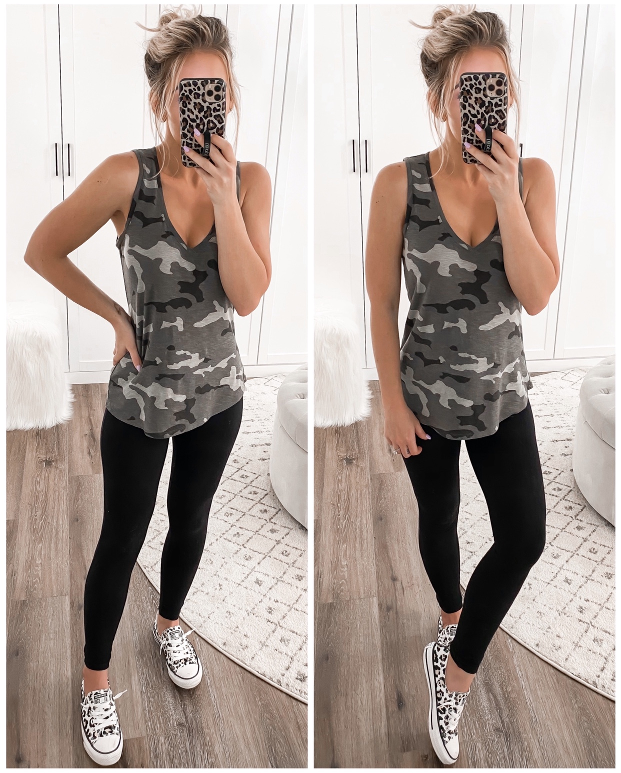 LAURA BEVERLIN BASIC LEGGINGS UNDER $20 CAMO TANK TOP CASUAL LOUNGE OUTFIT1